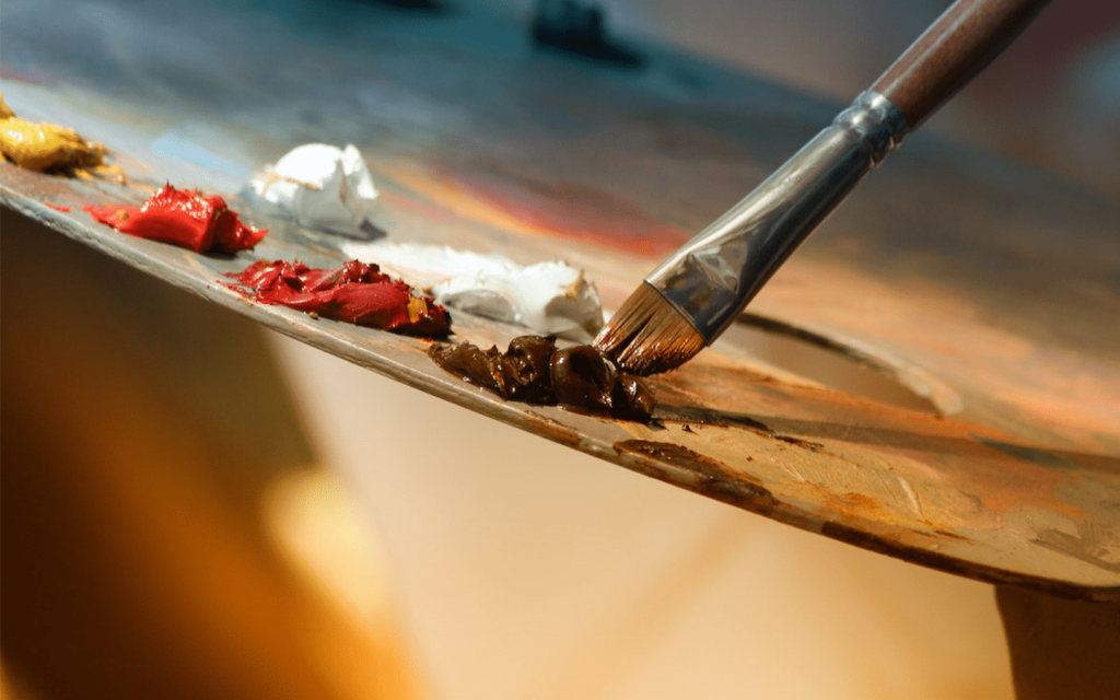 This is a painters paint with a brown paint brush in brown paint, it features white, burgundy, red-ish,orange-sh paint, yellow on the plate. It represents how Heloise and Marianne meet in "Portrait of a Lady on Fire".